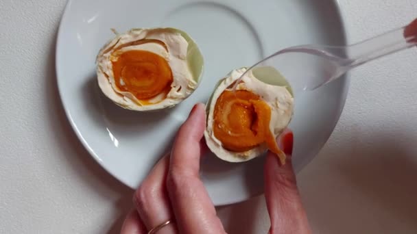 Woman Hand Hold Salted Egg Dish Made Eggs Preserved Salting — Vídeo de Stock