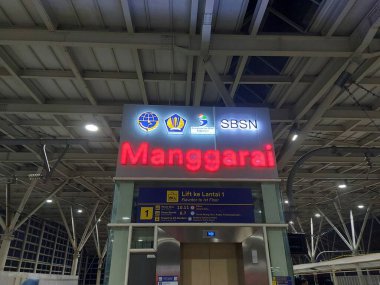 Jakarta,indonesia-feb 12 2023: manggarai station signboard lights.  one of the major commuter line stations located in the city of Jakarta, Indonesia