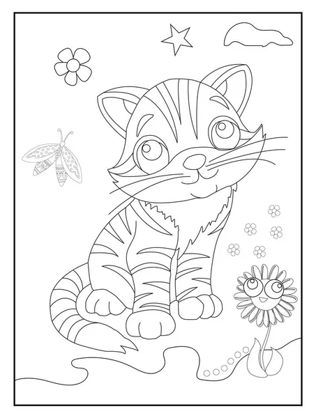 Kitty Cat Coloring Page Kids Cute Animal Line Art Coloring — Stock Vector