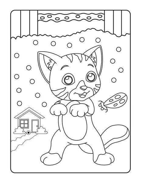 Kitty Cat Malseite Für Kinder Niedlich Tier Linie Kunst Malbuch — Stockvektor