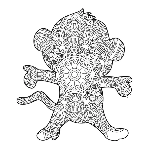 ゼンタングル猿マンダラ着色ページのための大人動物着色本ストレス着色ページ — ストックベクタ
