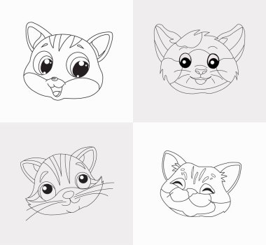 Çocuklar için kedi kafası boyama kitabı. Stres önleyici. Beyaz arkaplanda elle çizilmiş kedi yüzlü kedi yüz çizimi