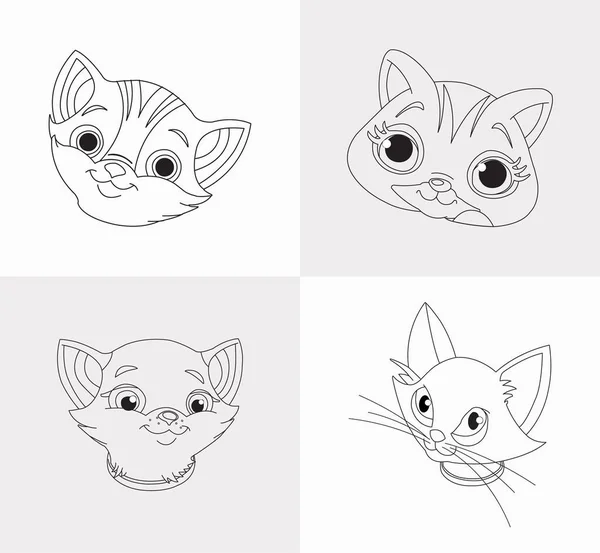 Set Teste Gatto Colorare Bambini Antistress Illustrazione Vettoriale Disegnata Mano — Vettoriale Stock