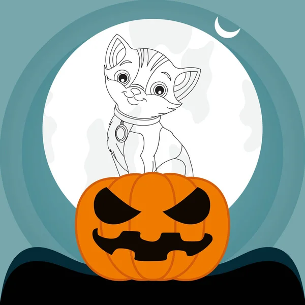 Cadılar Bayramı kedisi kabağın üzerinde oturuyor ve gülümsüyor.