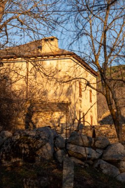 Arka planda ağaç olan bir evin dikey görüntüsü.