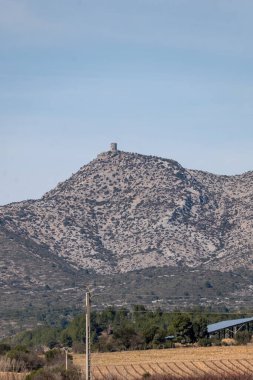 Yeşil tepeleri ve mavi gökyüzü olan bir dağın dikey görüntüsü.