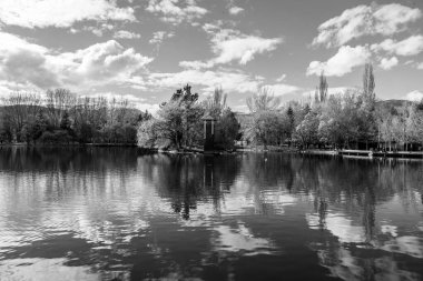 Göl ve orman yansıması siyah ve beyaz
