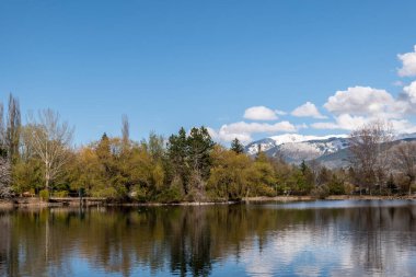 güzel sonbahar manzarası Ağaçlar, kar ve göl