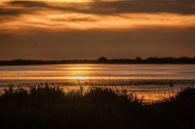 Büyük beyaz bulutlarla deniz kıyısında gün batımı.