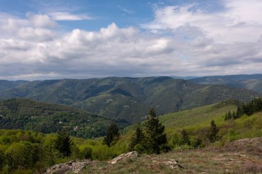 Yazın bulutlu bir günde yeşil çimenler ve dağlarla dolu güzel bir manzara.