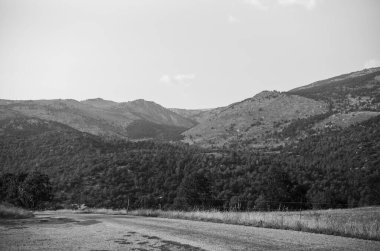 Yeşilliklerle çevrili bir dağın gri tonlu görüntüsü.