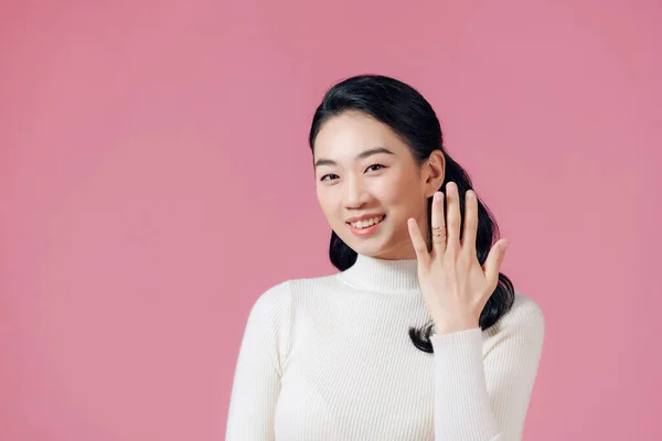 stock image Young beautiful asian woman showing her engagement ring