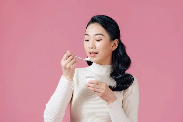 Young Beautiful Asian Woman Eating Yogurt Spoon Looking Satisfied Healthy — Stock Photo, Image