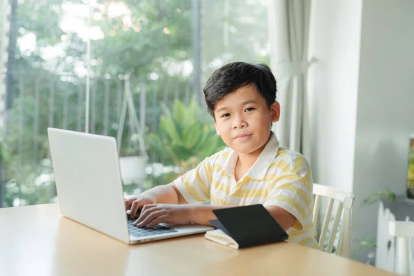 stock image Little boy using laptop studying math during his online lesson at home