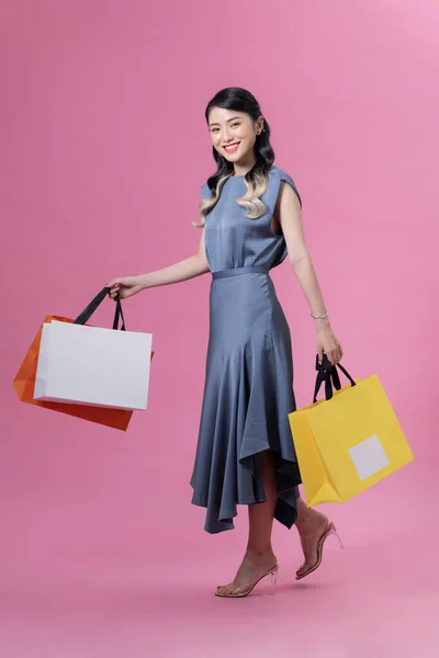 Happy Beautiful Woman Holding Many Colorful Shopping Bags Isolated Pink —  Fotos de Stock