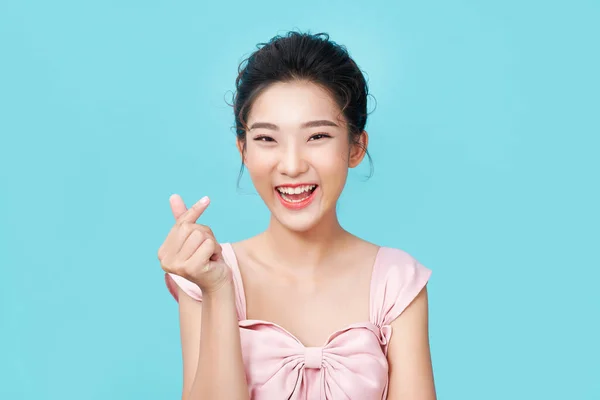 Young Happy Romantic Affectionate Asian Woman Shapes Mini Heart Gesture — Stock Photo, Image