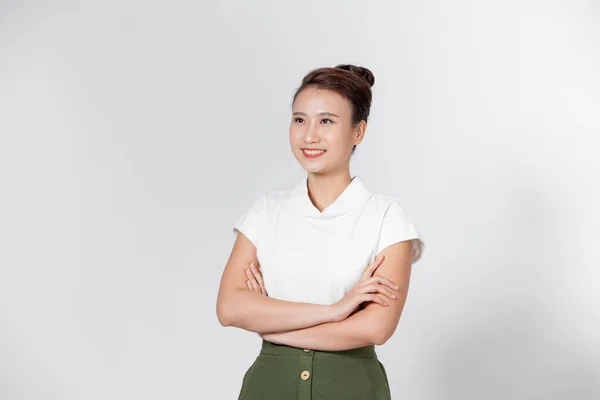 Asiática Chica Feliz Cara Sonriendo Con Cruz Brazo Aislado Sobre —  Fotos de Stock