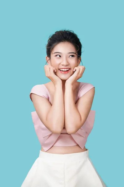 Boldog Ázsiai Lány Megvalósult Álom Valóra Érzés Tartja Tenyér Közel — Stock Fotó