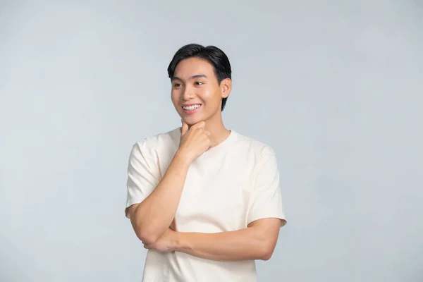 Handsome Young Asian Man Smiling Hand Chin Isolated — Foto de Stock
