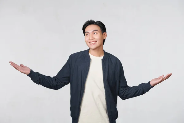 Cheerful Casual Man Welcoming His Hands Wide Open White Background — Foto de Stock