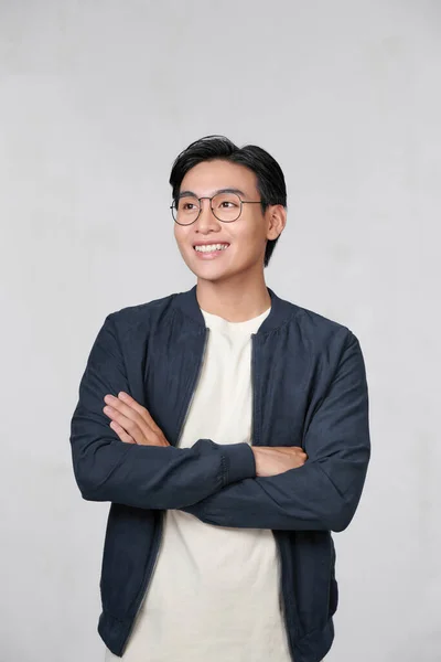Portrait Handsome Young Man Keeping Arms Crossed Smiling While Standing — Foto de Stock