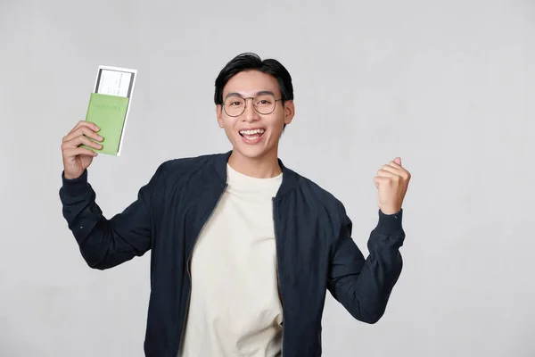 Excited Traveler Tourist Asian Man Holding Passport Boarding Pass Tickets — Foto de Stock