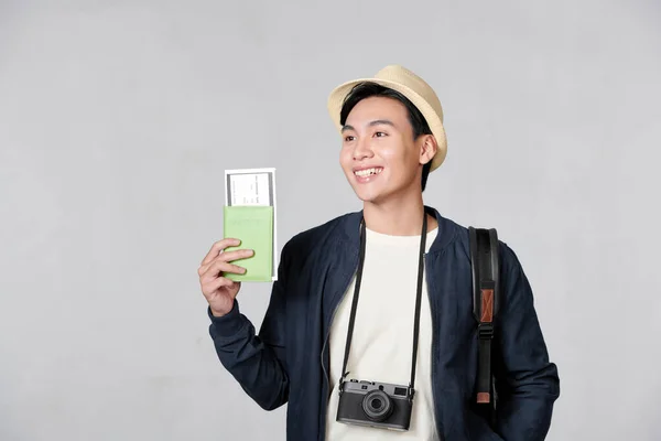 Portrait Surprised Excited Asian Man Holding Passport Boarding Pass Ticket — Fotografia de Stock