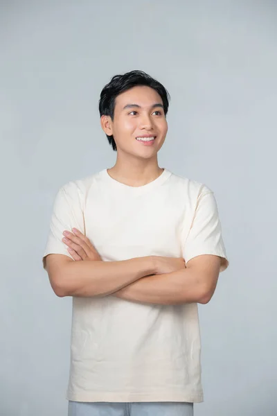 Portrait Happy Young Man Posing Arms Crossed White Background — 图库照片