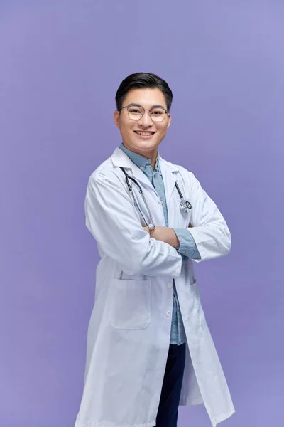 Young Asian Doctor Close Shot Isolate Purple Background — Stock Photo, Image