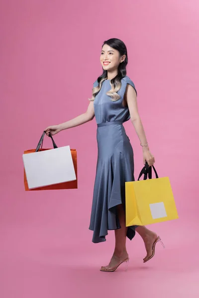 Photo Pretty Positive Person Arms Hold Bags Have Good Mood — Stockfoto