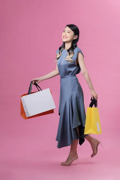 Attractive Smiling Vietnamese Woman Wearing High Heels Blue Dress Walking — Stockfoto