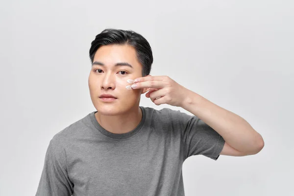 Close Beauty Portrait Young Man Applying Facial Cream — Stock Photo, Image