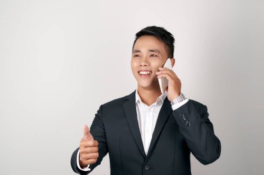 Businessman have conversation using mobile phone isolated on white background. 