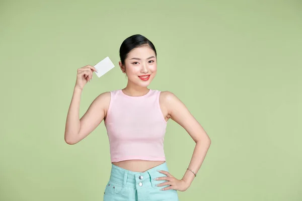 Beautiful Young Woman Holding Blank Credit Card Green Background — 스톡 사진