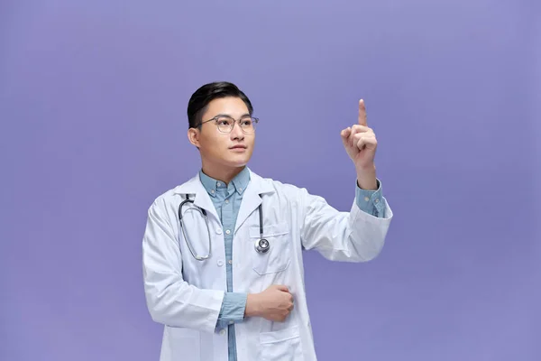 Handsome Doctor Man Touching Something Air Isolated Artificial Intelligence Concept — Stock Photo, Image