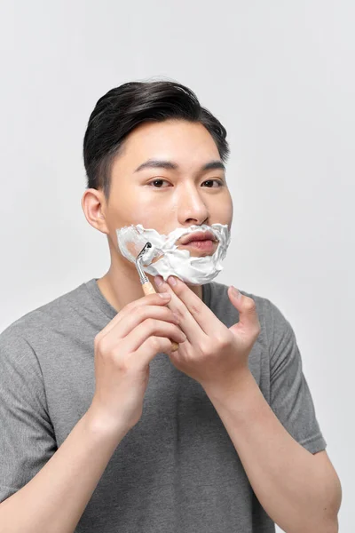 Positive Attractive Young Guy Gel Foam Lower Face Shaving Razor — Stock Photo, Image