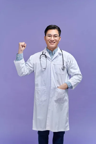Young Handsome Man Wearing Doctor Uniform Stethoscope Pointing Fist — Stock Photo, Image