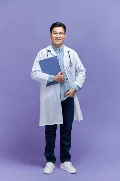 Male Doctor Standing Folder Isolated White Background — Stock Photo, Image