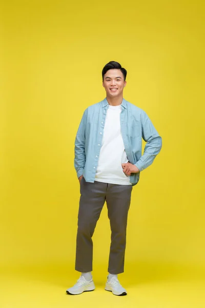Full Body Image Asian Man Posing Yellow Background — Stock Photo, Image