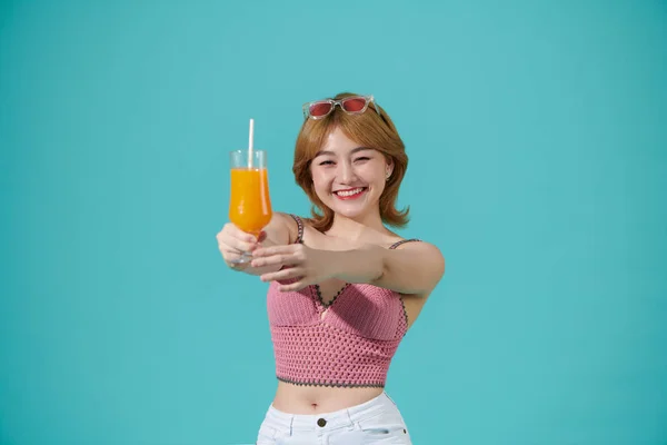 Happy Asian Woman Summer Casual Clothes Glass Fresh Fruit Juice — Stock Photo, Image