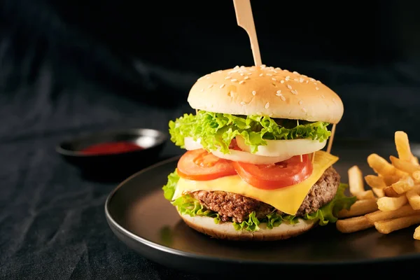 Ev yapımı hamburger ve patates kızartmalı peynir.