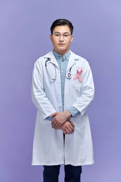 Doctor Pink Ribbon His Chest — Stock Photo, Image