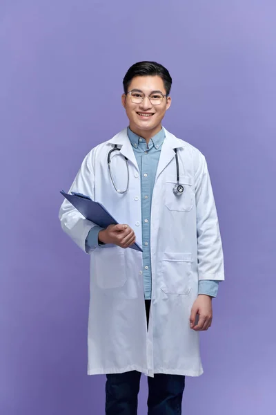 Asian Male Doctor Portrait Purple Background — Stock Photo, Image