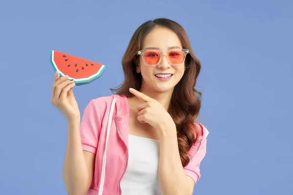 Photo Portrait Pretty Young Woman Hold Paper Watermelon Slice Isolated — Stock Photo, Image