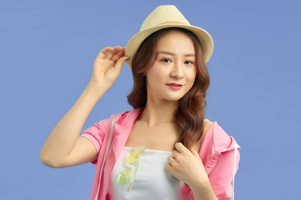 Asian Pretty Woman Tourist Preparing Travel Blue Background — Stock Photo, Image
