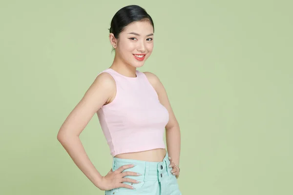 Portrait Smiling Young Asian Woman Arms Hips — Stock Photo, Image