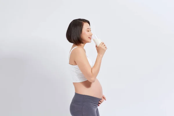 Pregnant Girl Drinks Milk Isolated White Background — Stock Photo, Image
