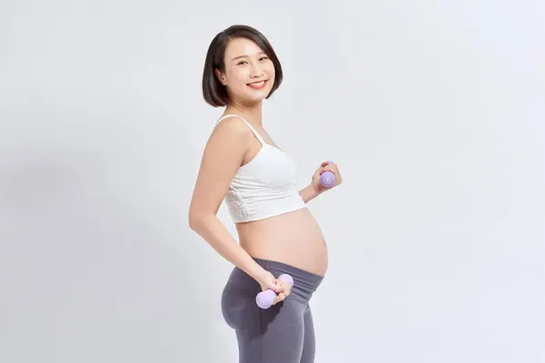 Gravid Kvinna Prenatal Träning Hemma Gör Fitness Styrketräning Motion Med — Stockfoto
