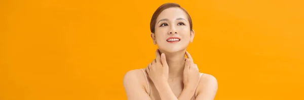 Banner Belleza Sonriente Mujer Asiática Aplicando Una Loción Piel Del —  Fotos de Stock