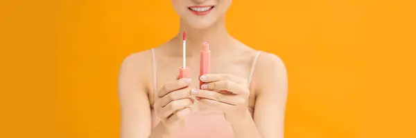 Web Banner Einer Jungen Asiatischen Frau Mit Lipgloss — Stockfoto